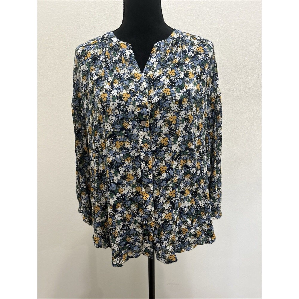 J. Jill Womens M Top Floral Multi Color Button Up V Neck Long Sleeve